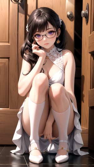 (best quality:1.1), (masterpiece:1.2), high quality shadow, beautiful detailed, beautiful face, detailed eyes, depth of field, highres, best shadow, best illumination, 1girl, looking at viewer, black hair, blunt bangs, long hair, purple eyes, shy, small breasts, elegant white dress, see through, mary jane shoes, on the floor, glasses, full body, pony tails hair, white stockings