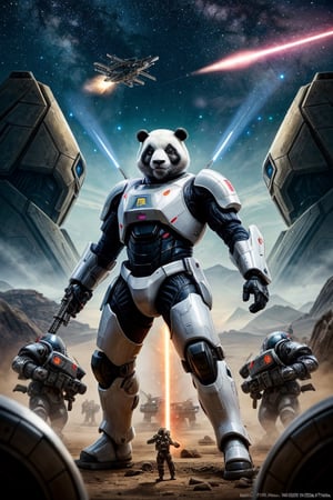 Panda in futuristic armor shooting plasma rifle, in a martian colony, surrounded by humanised giants ants, shooting laser weapons, in the background a starship battle in the sky, 