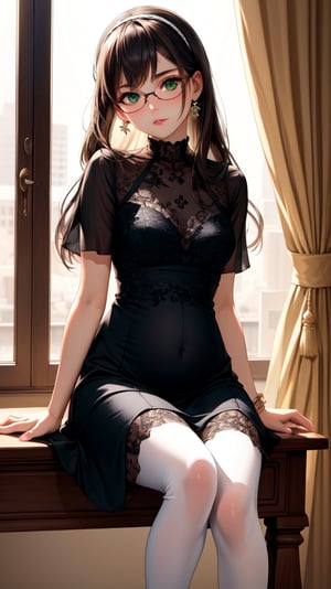 (best quality:1.1), (masterpiece:1.2), high quality shadow, beautiful detailed, beautiful face, detailed eyes, depth of field, highres, best shadow, best illumination, 1girl, looking at viewer, brown hair, long hair, green eyes, shy, small breasts, see through, detailed cute dress, detailed black Mary Jane shoes, hair band, glasses, white stockings, light preggo, focus on shoes, cute, sit on desk, see through