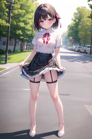 1girl, (foot focus:1.3), (small to medium sized breasts:1.2), short hair with hair ribbon, blush on her cheeks, good hands, (full body shot:1.5), looking_at_viewer exuding confidence and allure, masterpiece, textured skin and high-quality details render every feature anatomically correct, highest quality and most minute details, best quality, highres, 1080P, 4K, 8k, detailed_background, outdoors, skirt, (garter ring), wetshirt, bent knee