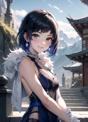 , yelendef, upper body, smile, blush, outdoors, day, simple background, blue sky, short hair, sky, temple, looking at viewer, stairs, mountain, moody lighting, facing viewer,