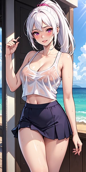 realistic, 1girl, ponytail, parted lips, blush, makeup, light smile, white hair, sportswear pink, skirt, wet clothes, glow, thighs, purple eye, bare shoulders, collarbone, narrow waist, sunbeam, sunlight, rose, wind, cleavage, (masterpiece), sweat,