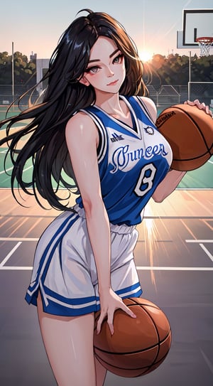 8k, Best Quality, Masterpiece: 1.2), (Realistic, Photorealistic: 1.37), Super Detailed, Best Quality, Super High Resolution, Professional Lighting, Photon Mapping, Radiosity, Physically Based Rendering, Cinematic Lighting , basketball court, depth of field, focus, sun rays, good composition, (bokeh: 1.2), 1 girl, (whole body), (closed mouth), beautiful eyes, pose, constriction, basketball uniform, black hair , messy hair, long hair blowing in the wind,(ulzzang-6500:1.2) mix4, hiqcgbody, large breasts, a littel sexy outfits
