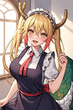 lumen reflections, natural lighting, evocative, triadic color scheme, cowboy shot, elegant, voluptuous:0.6, looking at viewer, 1girl, female, solo, blush, open mouth, smile, teeth, sfw, , tohru, blonde hair, dragon girl, dragon tail, fang, hair between eyes, horns, large tail, long hair, scales, tail, twintails, (yellow eyes:1.5), slit pupils, bow, frills, maid, maid headdress,