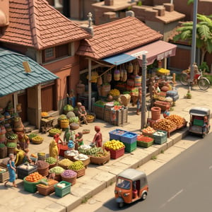 single layered 3D scene with colorful stalls selling fruits, vegetables, and spices. Bicycles, tuk-tuks/three wheelers, and street vendors on the roadside. small food carts with traditional snacks, customers bartering with vendors. stops have clay tiled roofs or thatched roofs. walls are made of clay or wood. Bright, sunlit ambiance with detailed shadows. Textures of rough concrete, worn fabrics, and fruit baskets. Vivid color palette with a tropical feel. Highly detailed, 8K resolution.