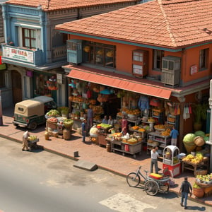 single layered 3D scene with colorful stalls selling fruits, vegetables, and spices. Bicycles, tuk-tuks/three wheelers, and street vendors on the roadside. small food carts with traditional snacks, customers bartering with vendors. stops have clay tiled roofs or thatched roofs. walls are made of clay or wood. Bright, sunlit ambiance with detailed shadows. Textures of rough concrete, worn fabrics, and fruit baskets. Vivid color palette with a tropical feel. Highly detailed, 8K resolution.