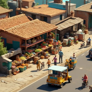 single layered 3D scene with colorful stalls selling fruits, vegetables, and spices. Bicycles, tuk-tuks/three wheelers, and street vendors on the roadside. small food carts with traditional snacks, customers bartering with vendors. stops have clay tiled roofs or thatched roofs. walls are made of clay or wood. Bright, sunlit ambiance with detailed shadows. Textures of rough concrete, worn fabrics, and fruit baskets. Vivid color palette with a tropical feel. Highly detailed, 8K resolution.