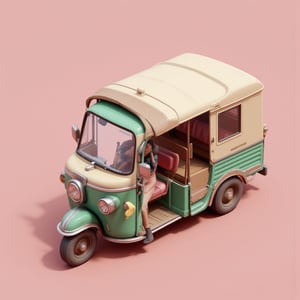 tuk-tuk, old car, bus and van, isometric, solid background