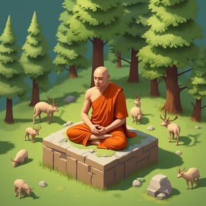 a buddhist monk, meditation, meditating, orange robe, tan skin, forest block, deer eating grass, isometric style,noc-isometric