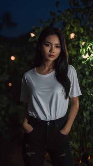 nsfw, ., . , ., slender local indoneisan twenty year old girl face, black hair,

, feminine pose, (((full body))), smile,


,cinematic film still of  dim light, low light, dramatic light, partially covered in shadow, realistic photo, close-up, close-up shot,

,(((white long t-shirt))), ,
, (((ripped black long denim pants))),,

 ,, masterpiece,., radiating an air of allure and sophisticated charm, with a striking, captivating face, 

,positioned against the backdrop of a busy nighttime garden, glowing leaves, ,glowing flower,

,her gaze piercing into the camera.,

Low-key lighting , 32k resolution, best quality, (high saturation:1.1), edgy, photo-real, Style,sky, at dusk,scenery, shallow depth of field, vignette, highly detailed, high budget, bokeh, cinemascope, moody, epic, gorgeous, film grain, grainy,Low-key lighting Style,photo r3al,p3rfect boobs,neon photography style,inst4 style,light spot