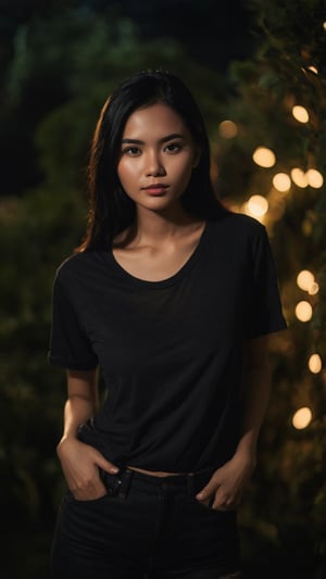 nsfw, ., . , ., slender local indoneisan twenty year old girl face, black hair,

, feminine pose, (((full body))), smile,


,cinematic film still of  dim light, low light, dramatic light, partially covered in shadow, realistic photo, close-up, close-up shot,

,(((white long t-shirt))), ,
, (((ripped black long denim pants))),,

 ,, masterpiece,., radiating an air of allure and sophisticated charm, with a striking, captivating face, 

,positioned against the backdrop of a busy nighttime garden, glowing leaves, ,glowing flower,

,her gaze piercing into the camera.,

Low-key lighting , 32k resolution, best quality, (high saturation:1.1), edgy, photo-real, Style,sky, at dusk,scenery, shallow depth of field, vignette, highly detailed, high budget, bokeh, cinemascope, moody, epic, gorgeous, film grain, grainy,Low-key lighting Style,photo r3al,p3rfect boobs,neon photography style,inst4 style,light spot