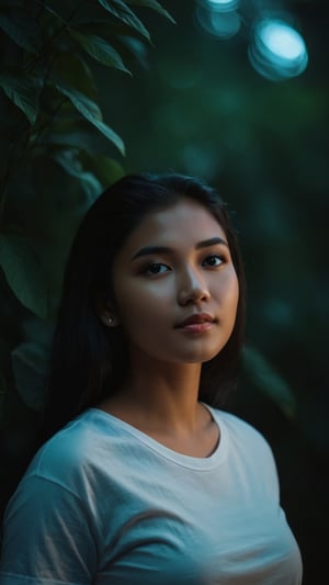 full body, Indonesian local girl, feminine pose, light make-up,smile,cinematic film still of dim light, low light, dramatic light, partially covered in shadow, realistic photo, close-up, close-up shot, plain white t-shirt,, gigantic breasts, masterpiece, ripped long denim pants, 18 years old, radiating an air of allure and sophisticated charm, with a striking, captivating face, positioned against the backdrop of a busy nighttime fantasy forest, shining leaves, shining flowers,, her gaze piercing into the camera, Low-key lighting , 32k resolution, best quality, high saturation , edgy, photo-real, Style, sky, at dusk,scenery, shallow depth of field, vignette, highly detailed, high budget, bokeh, cinemascope, moody, epic, gorgeous, film grain, grainy, Low-key lighting Style ,neon photography style