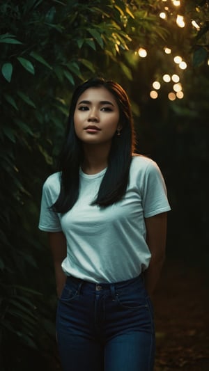 full body, Indonesian local girl, feminine pose, light make-up,smile,cinematic film still of dim light, low light, dramatic light, partially covered in shadow, realistic photo, close-up, close-up shot, plain white t-shirt, masterpiece, ripped long denim pants, 18 years old, radiating an air of allure and sophisticated charm, with a striking, captivating face, positioned against the backdrop of a busy nighttime fantasy forest, shining leaves, shining flowers,, her gaze piercing into the camera, Low-key lighting , 32k resolution, best quality, high saturation , edgy, photo-real, Style, sky, at dusk,scenery, shallow depth of field, vignette, highly detailed, high budget, bokeh, cinemascope, moody, epic, gorgeous, film grain, grainy, Low-key lighting Style ,neon photography style