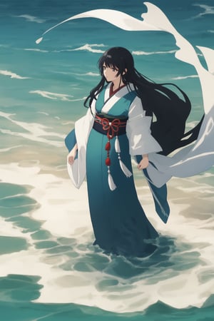 detailed face , full body shot, the lady , japanese lady of love and beauty, emerging from the sea, She stands delicately, with long flowing hair, detalied_background