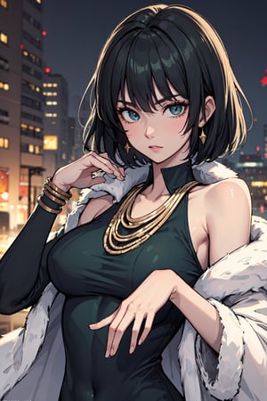 fubuki,, fubuki, black hair, (green eyes:1.2), short hair,BREAK black dress, dress, fur coat, high collar, jewelry, necklace, off shoulder, taut clothes, taut dress,,BREAK outdoors, city,BREAK looking at viewer, BREAK, (masterpiece:1.2), best quality, high resolution, unity 8k wallpaper, (illustration:0.8), (beautiful detailed eyes:1.6), extremely detailed face, perfect lighting, extremely detailed CG, (perfect hands, perfect anatomy),