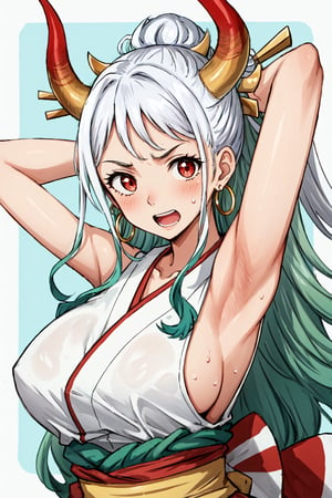 yamato\(one piece), hair ornament, kimono, sweat, oni, earrings, Japanese clothing, 1girl, hoop earrings, open mouth, armpits, sleeveless, hair rod, silver hair with green tips, facing the viewer, upper body, red eyes, solo, curly horns, horns, arms up, sideboob, green hair, neckline, sleeveless kimono, long hair, jewelry, big breasts, blush, red horns, collarbone