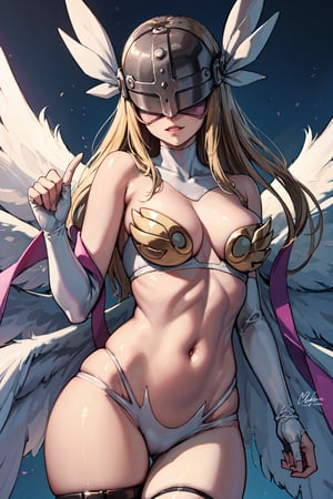 angewomon, angewomon, blonde hair, (covered eyes:1.7), long hair,BREAK angel wings, bare shoulders, elbow gloves, feathered wings, gloves, head wings, helmet, navel, pink ribbon, ribbon, single elbow glove, single glove, thigh strap, wings,BREAK looking at viewer, BREAK outdoors, city, BREAK, (masterpiece:1.2), best quality, high resolution, unity 8k wallpaper, (illustration:0.8), (beautiful detailed eyes:1.6), extremely detailed face, perfect lighting, extremely detailed CG, (perfect hands, perfect anatomy),