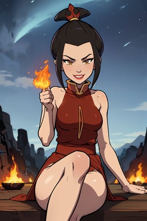 masterpiece, best quality, 1girl, azula, smile, lipstick, makeup, revealing clothes, sexy pose,  looking at viewer, fire, night, night sky