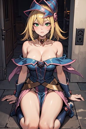 darkmagiciangirl, dark magician girl, blonde hair, choker, (green eyes:1.5), long hair,BREAK bare shoulders, blue footwear, blush, blush stickers, cleavage, collarbone, duel monster, hat, off shoulder, pentacle, wizard hat,BREAK looking at viewer,BREAK outdoors, city,BREAK, (masterpiece:1.2), best quality, high resolution, unity 8k wallpaper, (illustration:0.8), (beautiful detailed eyes:1.6), extremely detailed face, perfect lighting, extremely detailed CG, (perfect hands, perfect anatomy),