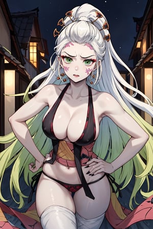 masterpiece, best quality, DakiV4, 1girl, solo, ((very very very hiper-white skin)), long hair, breasts, looking at the viewer, disgusted face, hair ornament, thighs, cleavage, very long hair, open clothes, underwear, panties, white hair, multicolored hair, green hair, makeup, nails, hands on hips, degraded hair, facial mark, green eyes, background of Japanese houses at night, moonlight,