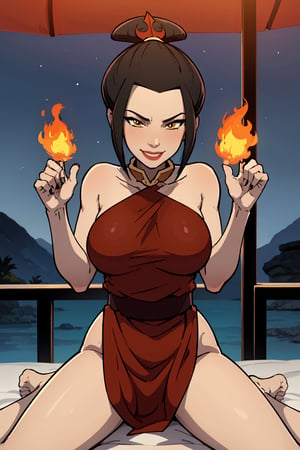 masterpiece, best quality, 1girl, azula, smile, lipstick, makeup, revealing clothes, sexy pose,  looking at viewer, fire, night, night sky