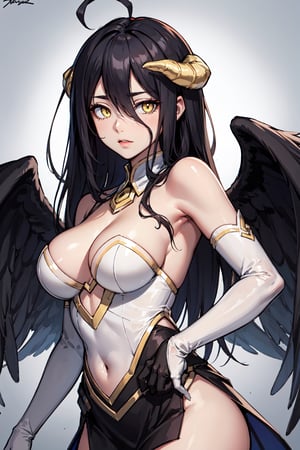 overlordalbedo, albedo, ahoge, black hair, horns, long hair, (yellow eyes:1.5),BREAK bare hips, bare shoulders, black wings, detached collar, elbow gloves, feathered wings, gloves, gold trim, high collar, hip vent, jewelry, low wings, white gloves, wings,BREAK city,BREAK looking at viewer,BREAK, (masterpiece:1.2), best quality, high resolution, unity 8k wallpaper, (illustration:0.8), (beautiful detailed eyes:1.6), extremely detailed face, perfect lighting, extremely detailed CG, (perfect hands, perfect anatomy),