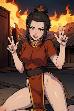 masterpiece, best quality, 1girl, azula, smile, lipstick, makeup, revealing clothes, sexy pose,  looking at viewer, fire, night, night sky