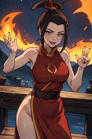 masterpiece, best quality, 1girl, azula, smile, lipstick, makeup, revealing clothes, sexy pose,  looking at viewer, fire, night, night sky