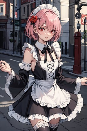 rezeroram, ram, hair flower, hair ornament, hair over one eye, pink hair, (red eyes:1.5), short hair, x hair ornament, (flat chest:1.2),BREAK apron, black bow, black dress, black ribbon, bow, detached sleeves, dress, frilled apron, frilled sleeves, frills, juliet sleeves, long sleeves, maid, neck ribbon, puffy sleeves, ribbon, roswaal mansion maid uniform, thighhighs, two-tone dress, waist apron, white bow, white dress, white thighhighs,,BREAK outdoors, city,BREAK looking at viewer, BREAK, (masterpiece:1.2), best quality, high resolution, unity 8k wallpaper, (illustration:0.8), (beautiful detailed eyes:1.6), extremely detailed face, perfect lighting, extremely detailed CG, (perfect hands, perfect anatomy),
