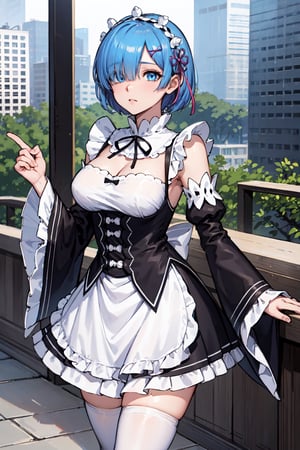 rezerorem, rem, blue eyes, blue hair, hair ornament, hair over one eye, hair ribbon, short hair, x hair ornament,BREAK apron, black ribbon, black skirt, black sleeves, detached collar, detached sleeves, flower, frilled apron, frilled skirt, frills, head wreath, long sleeves, maid, miniskirt, neck ribbon, purple ribbon, ribbon, ribbon trim, ribbon-trimmed sleeves, roswaal mansion maid uniform, short hair, skirt, thighhighs, waist apron, white apron, white thighhighs,BREAK outdoors, city,BREAK looking at viewer, BREAK, (masterpiece:1.2), best quality, high resolution, unity 8k wallpaper, (illustration:0.8), (beautiful detailed eyes:1.6), extremely detailed face, perfect lighting, extremely detailed CG, (perfect hands, perfect anatomy),
