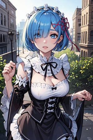 rezerorem, rem, blue eyes, blue hair, hair ornament, hair over one eye, hair ribbon, short hair, x hair ornament,BREAK apron, black ribbon, black skirt, black sleeves, detached collar, detached sleeves, flower, frilled apron, frilled skirt, frills, head wreath, long sleeves, maid, miniskirt, neck ribbon, purple ribbon, ribbon, ribbon trim, ribbon-trimmed sleeves, roswaal mansion maid uniform, short hair, skirt, thighhighs, waist apron, white apron, white thighhighs,BREAK outdoors, city,BREAK looking at viewer, BREAK, (masterpiece:1.2), best quality, high resolution, unity 8k wallpaper, (illustration:0.8), (beautiful detailed eyes:1.6), extremely detailed face, perfect lighting, extremely detailed CG, (perfect hands, perfect anatomy),
