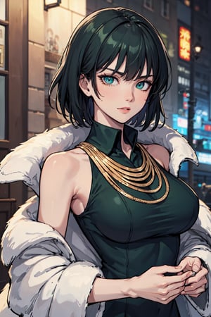 fubuki,, fubuki, black hair, (green eyes:1.2), short hair,BREAK black dress, dress, fur coat, high collar, jewelry, necklace, off shoulder, taut clothes, taut dress,,BREAK outdoors, city,BREAK looking at viewer, BREAK, (masterpiece:1.2), best quality, high resolution, unity 8k wallpaper, (illustration:0.8), (beautiful detailed eyes:1.6), extremely detailed face, perfect lighting, extremely detailed CG, (perfect hands, perfect anatomy),