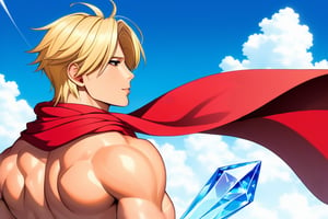 a stylized portrait of a young man in profile view facing right, with short blonde hair, wearing a flowing red scarf blowing in the wind, he is muscular and bare chested, standing in front of a blue sky and clouds with a giant crystal in the distance ahead of him, in an anime art style, final fantasy, JRPG aesthetic, vibrant colors, detailed and dynamic composition.