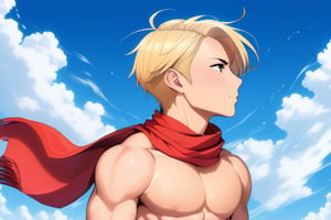 a stylized portrait of a young man in profile view facing right, with short blonde hair, wearing a flowing red scarf blowing in the wind, he is muscular and bare chested, standing in front of a blue sky and clouds, in an anime art style, final fantasy, JRPG aesthetic, vibrant colors, detailed and dynamic composition.