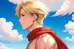 a stylized portrait of a young man in profile view facing right, with short blonde hair, wearing a flowing red scarf blowing in the wind, he is muscular and bare chested, standing in front of a blue sky and clouds, in an anime art style, final fantasy, JRPG aesthetic, vibrant colors, detailed and dynamic composition.