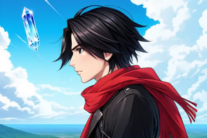 "a stylized portrait of a young man in profile view facing right, with short black hair, wearing a flowing red scarf blowing in the wind, standing in front of a blue sky and clouds with a giant crystal in the distance, in an anime art style, final fantasy, JRPG aesthetic, vibrant colors, detailed and dynamic composition.