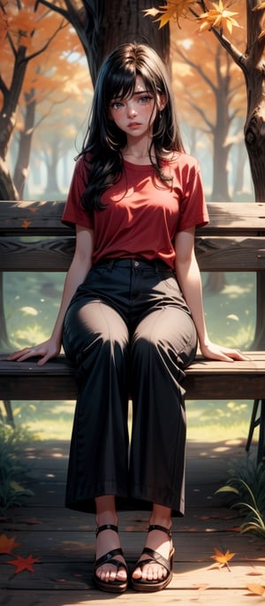 16k, realistic, perfect, forest,1 girl,  ,little girl,
,head down ,long black hair, small thighs, slim body,
,red tshirt out, regular flip flops, ,long black loose trousers,
sad_face, cry, crying, tears come out,
autumn, ,1 big tall old tree,
, sitting on top old wooden bench,
,full-body, visible from afar,
perfecteyes, better_hands,