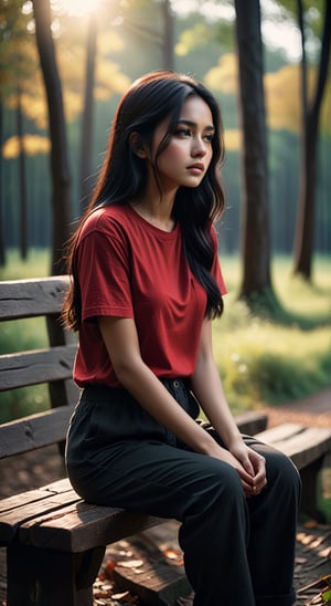 ,forest,1 girl, feminine, autumn, (((indonesian girl face))),

,head down ,long black hair, small thighs, slim body,

,(((red t-shirt out))), regular flip flops,
,(((long black loose trousers))),

sad_face, cry, crying, tears come out,

,sitting on top old wooden bench,

,cinematic film still of dim light, low light, dramatic light, partially covered in shadow, realistic photo, close-up, close-up shot, Low-key lighting , 32k resolution, best quality, (high saturation:1.1), edgy, photo-real, 
Style,sky, at dusk,scenery, shallow depth of field, vignette, highly detailed, high budget, bokeh, cinemascope, moody, epic, gorgeous, film grain, grainy,Low-key lighting Style,aesthetic portrait