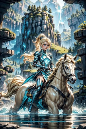 1girl, girl fighter, cute girls, riding robot horse, cyan large armor, high_res, best quality, extremely detailed, area lighting in background, HD, 8k, 1girl, cute, cyan armor, (cyan dress, cyan eyes), (glowing eyes:1.4), glowing energy, hair up, long hair, blond hair (blond hair:1.4), power pose, rage expression, rock moutain, yellow tones, beautiful figure, thin waist, wide hips, scarlet lips, glare, sparcles, particles, moutain and forest, white skin, reflection, magic glow, yushui