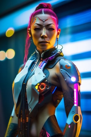 (masterpiece, best quality), vibrant, portrait, best quality, masterpiece, highres, an extremely delicate and beautiful,cyborg, cyborg style,, cyberpunk , full body 