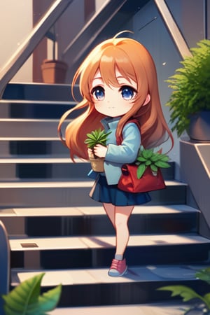 1girl, bird, solo, long hair, stairs, bag, plant,chibi, chibi style