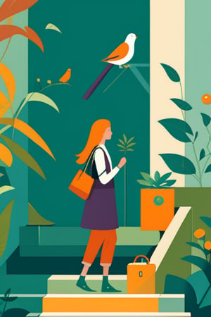 1girl, bird, solo, long hair, stairs, bag, plant, 
,flat design