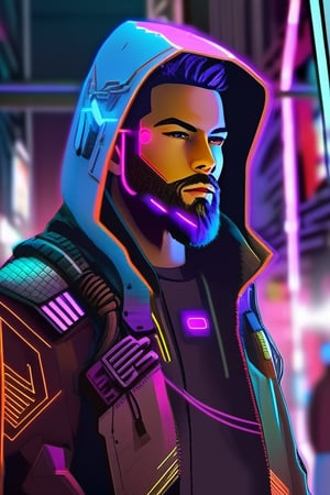 1boy, beard, cable, cyberpunk, cyberpunk style, cyborg, facial hair, hood, jacket, looking at viewer, male focus, neon lights, open clothes, science fiction, solo, upper body
