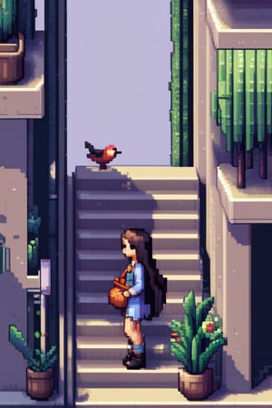 pixel art, 1girl, bird, solo, long hair, stairs, bag, plant, 
