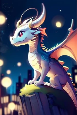 cute dragon, no humans, solo, horns, flying in the sky, night, moon, bokeh, anime, anime style
