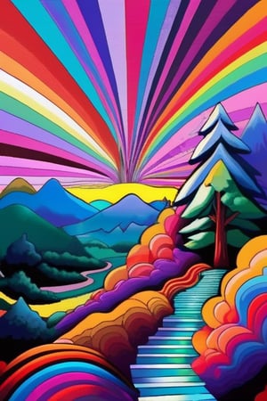 Psychedelic, psy art, cloud, scenery, colorful, 1boy, hat, sky, mountain, solo, tree, outdoors, traditional media, male focus