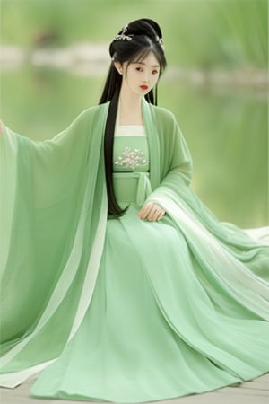 1girl, Daxiushan, Daxiushan style, black hair, dress, green dress, hair ornament, hanfu, holding, long hair, sit, female_solo