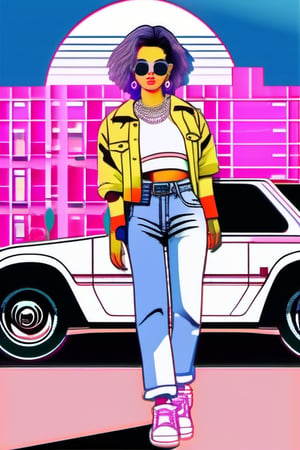 1girl, aesthetic, vaporwave, building, car, city, collared shirt, denim, earrings, ground vehicle, jacket, jeans, jewelry, midriff, motor vehicle, navel, outdoors, palm tree, pants, road, shirt, short hair, solo, standing, sunglasses, tree, vehicle focus 
