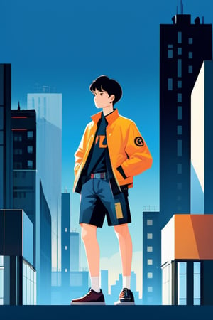 solo, 1boy, shorts, male focus, shoes, jacket, standing, short hair, shirt, building, black hair,flat design,illustration