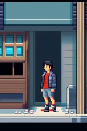 pixel art, solo, 1boy, shorts, male focus, shoes, jacket, standing, short hair, shirt, building, black hair